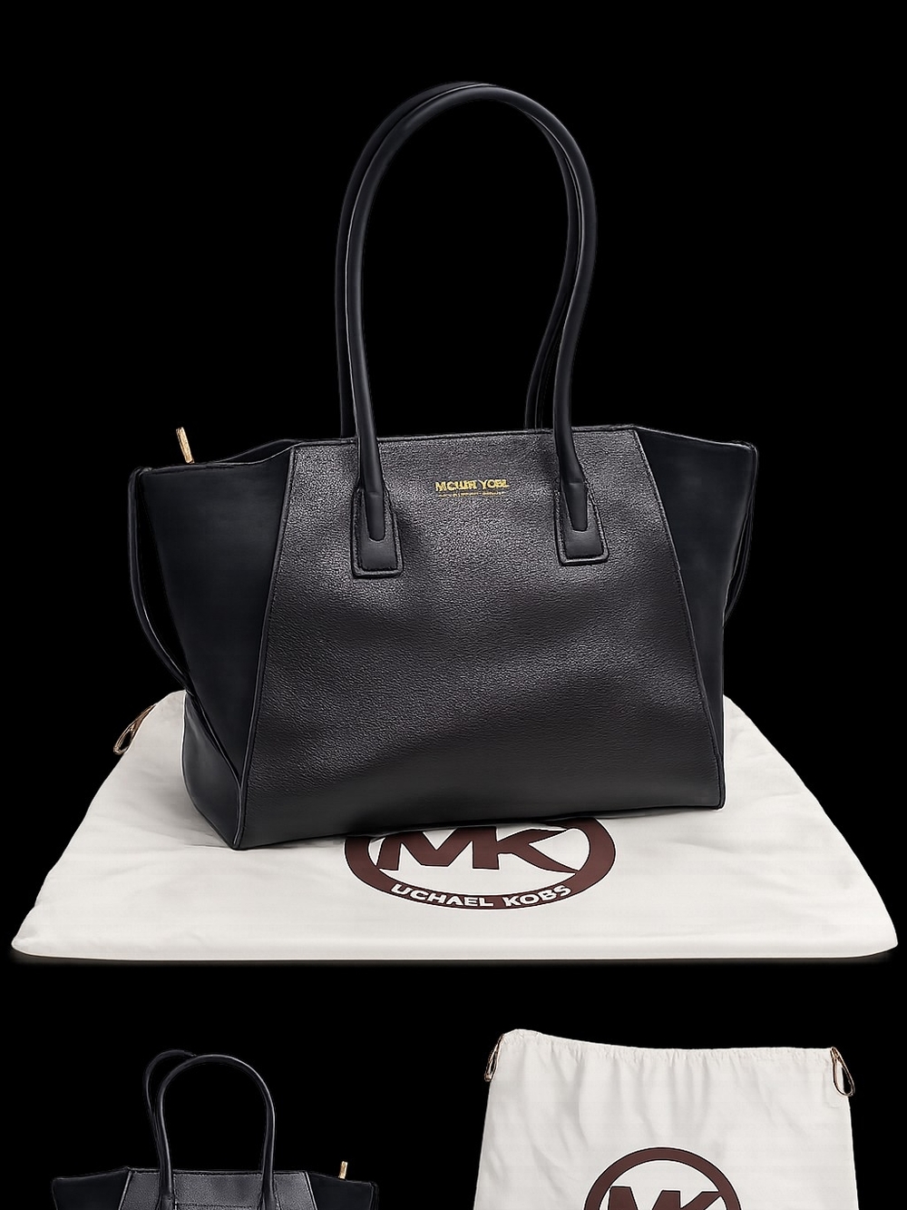 Michael Kors Black Leather Dual-Texture Tote with Gold Logo